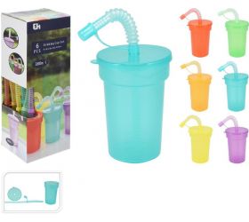 Pohár na vodu 380 ml so slamkou, plastový, balenie 6ks mix